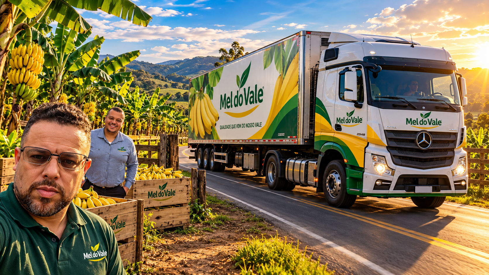 Plantação de bananas e caminhão da Mel do Vale em uma estrada do Vale do Ribeira