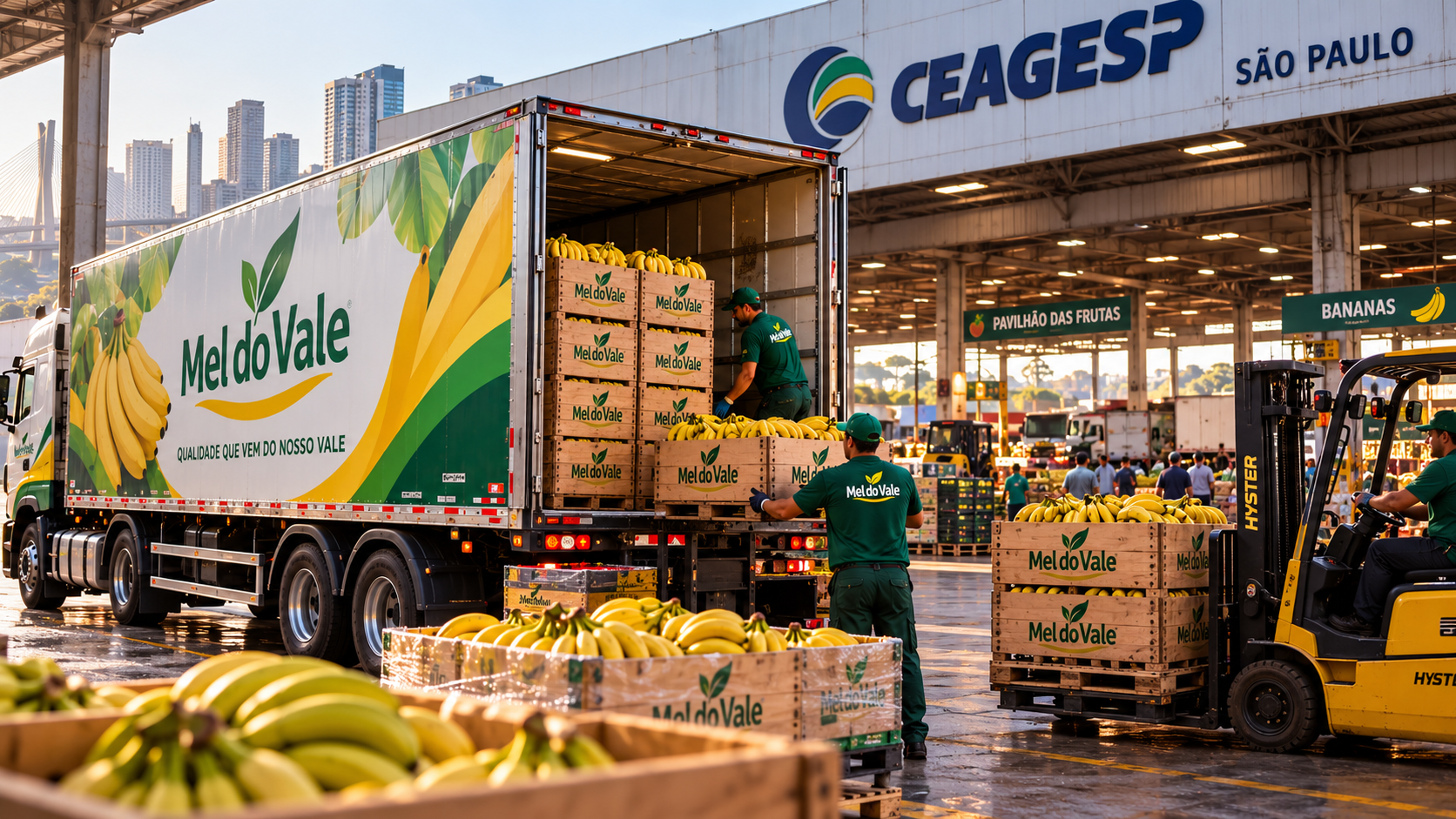 Caminhão da Bananas Mel do Vale abastecido com bananas em um centro de distribuição